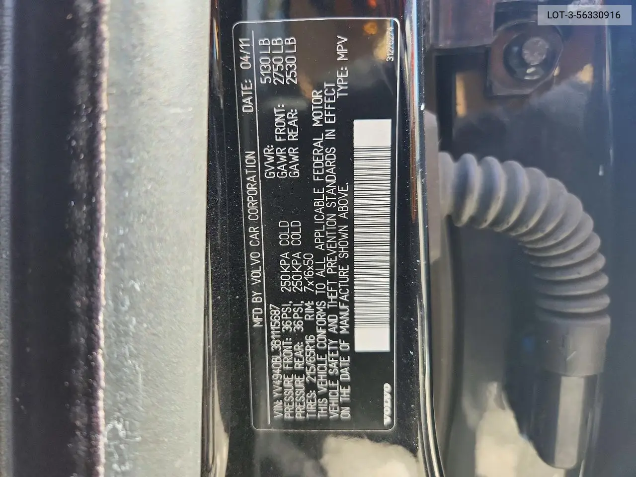 2011 Volvo Xc70 3.2 VIN: YV4940BL3B1115687 Lot: 56330916