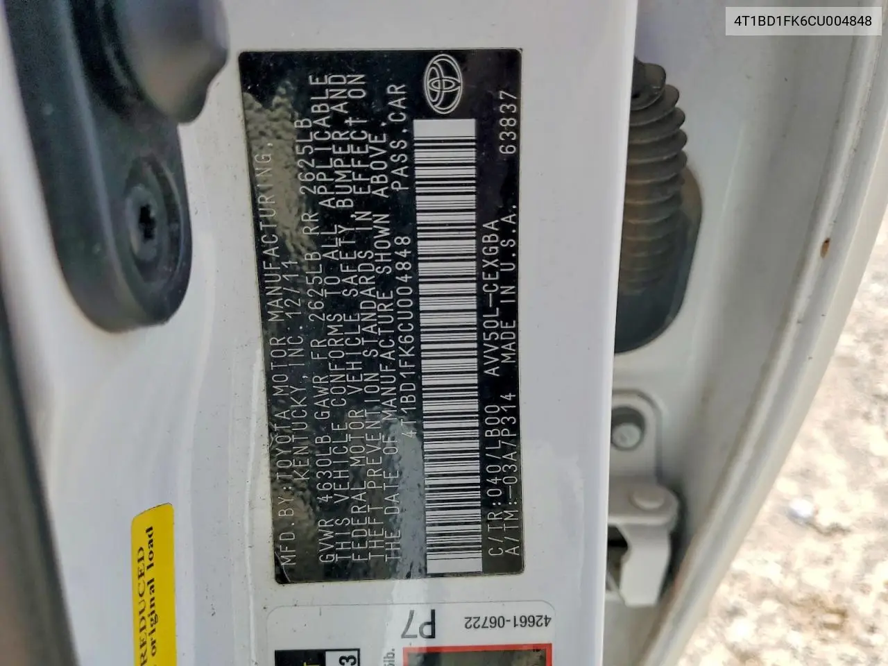 4T1BD1FK6CU004848 2012 Toyota Camry Hybrid Xle
