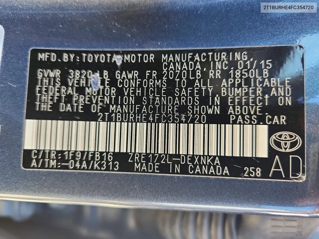 2015 Toyt Corolla VIN: 2T1BURHE4FC354720 Lot: 61759646