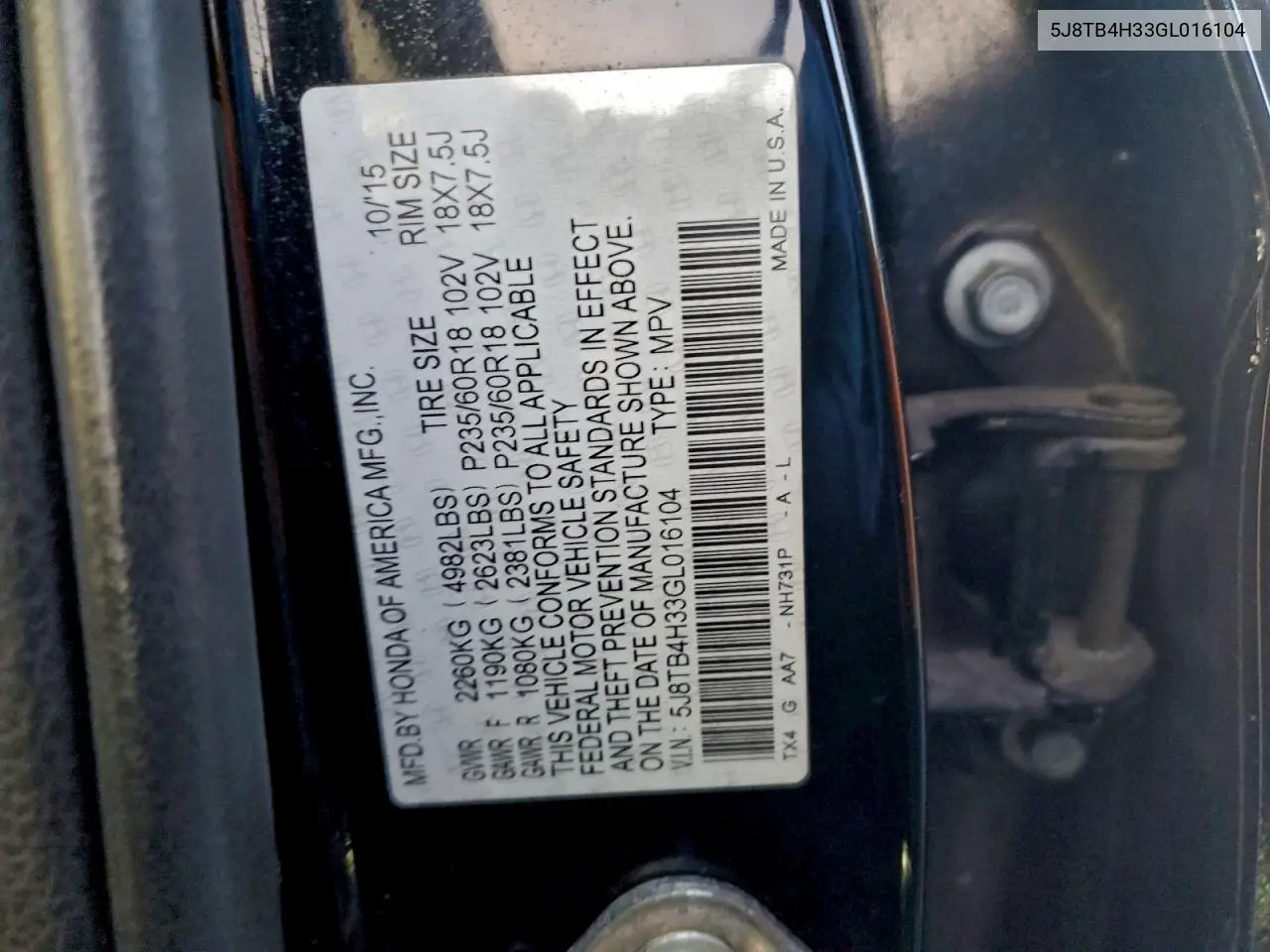 5J8TB4H33GL016104 2016 Acur Rdx Awd