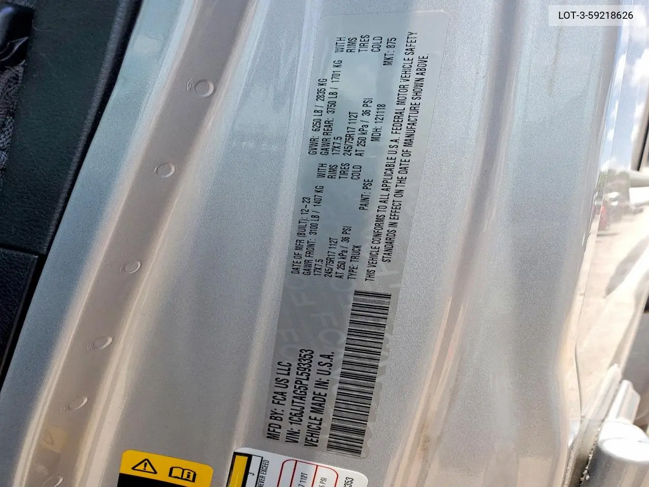 2023 Jep Gladiator Sport VIN: 1C6JJTAG5PL593353 Lot: 59218626