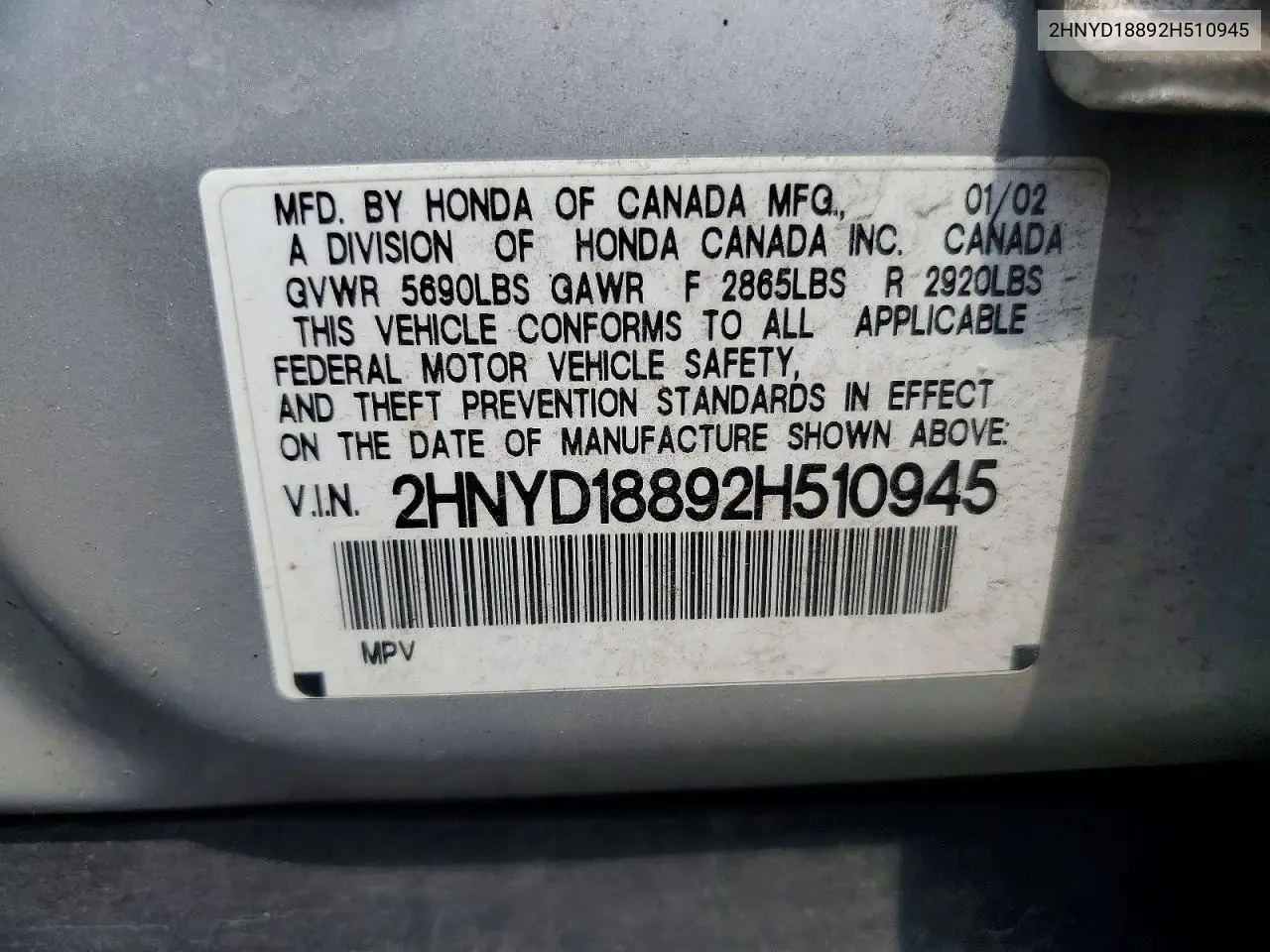 2002 Acura Mdx Touring VIN: 2HNYD18892H510945 Lot: 60212586