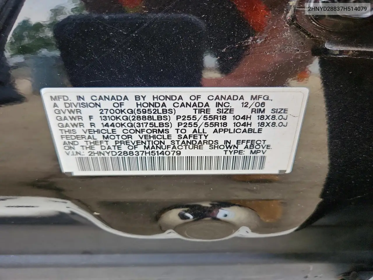 2007 Acura Mdx Sport VIN: 2HNYD28837H514079 Lot: 62255036