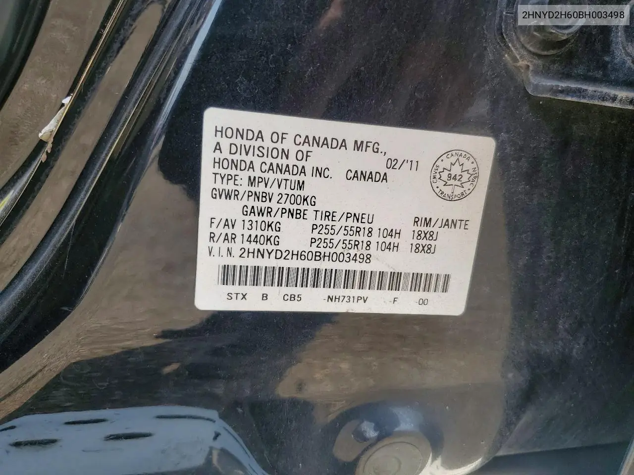 2011 Acura Mdx Technology VIN: 2HNYD2H60BH003498 Lot: 61896316