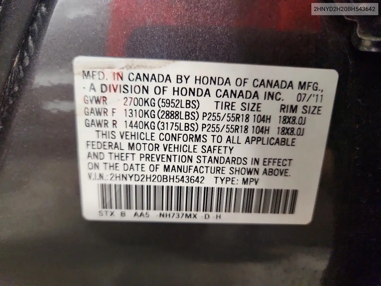 2011 Acura Mdx VIN: 2HNYD2H20BH543642 Lot: 61962526