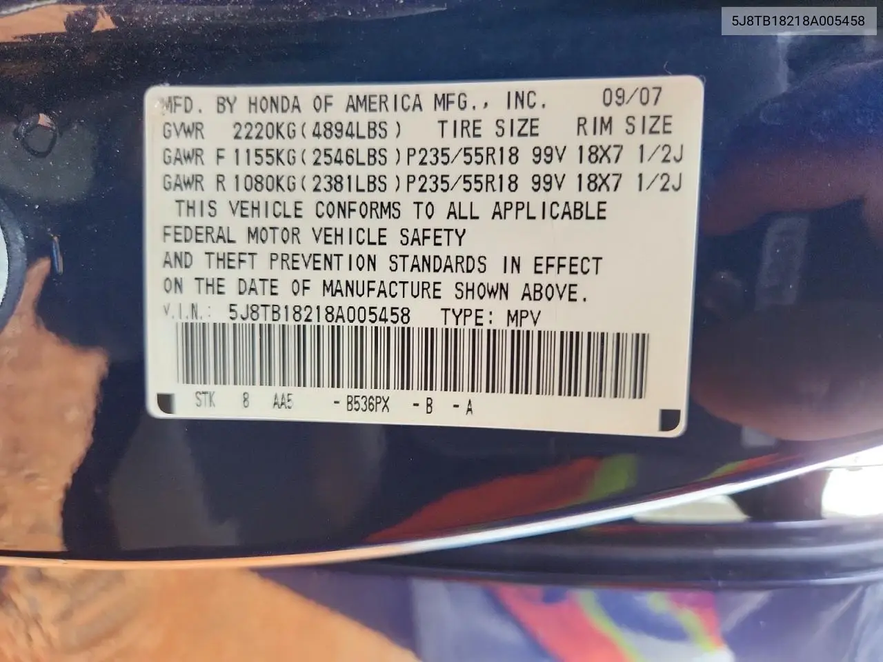 2008 Acura Rdx VIN: 5J8TB18218A005458 Lot: 59066906