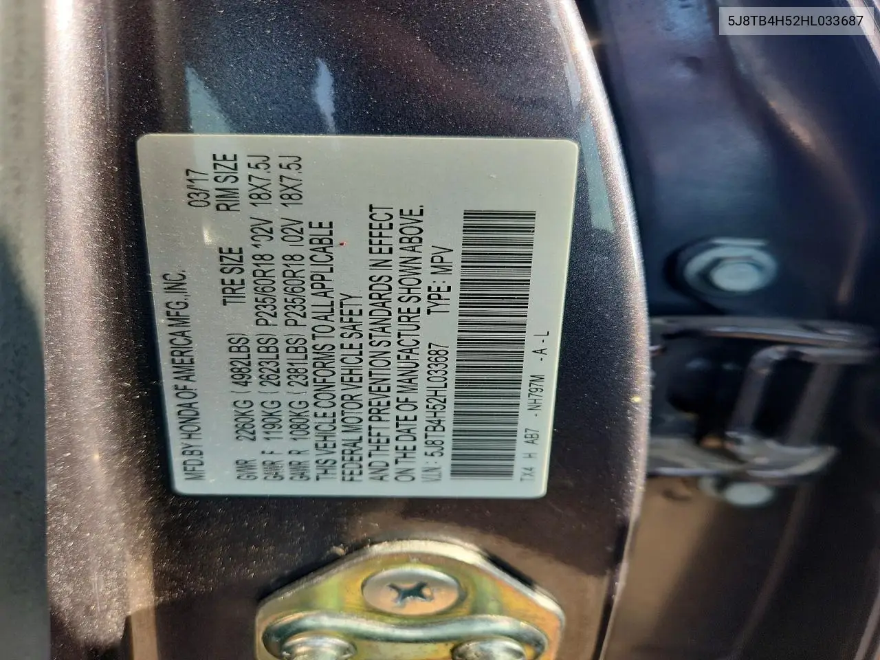 2017 Acura Rdx Technology VIN: 5J8TB4H52HL033687 Lot: 61161476