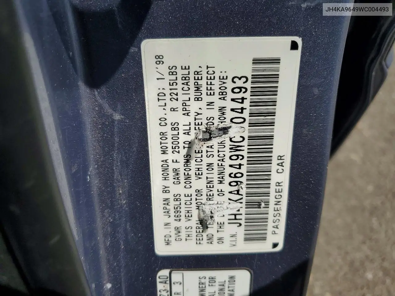 1998 Acura 3.5Rl VIN: JH4KA9649WC004493 Lot: 60826106
