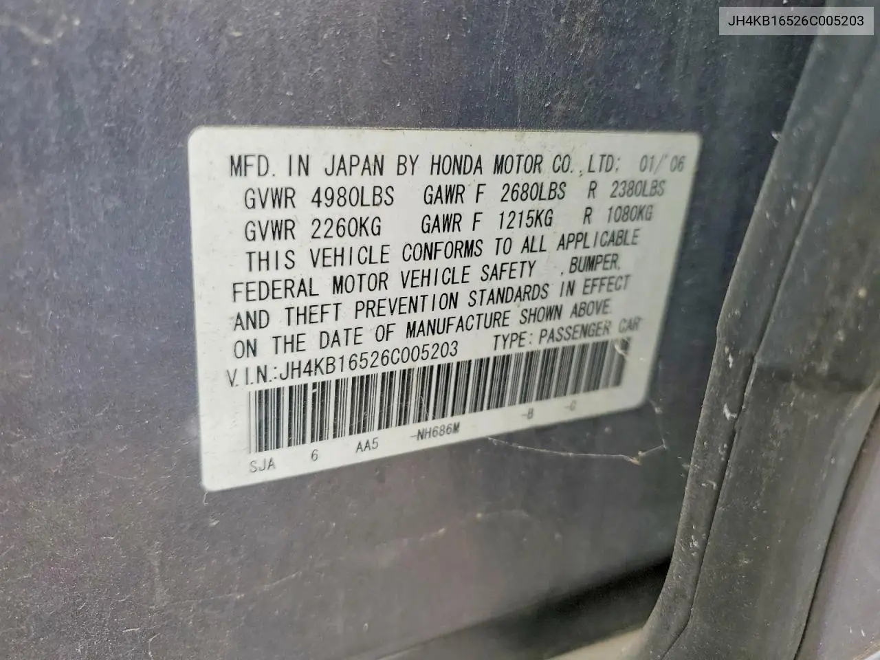 2006 Acura Rl VIN: JH4KB16526C005203 Lot: 50933956