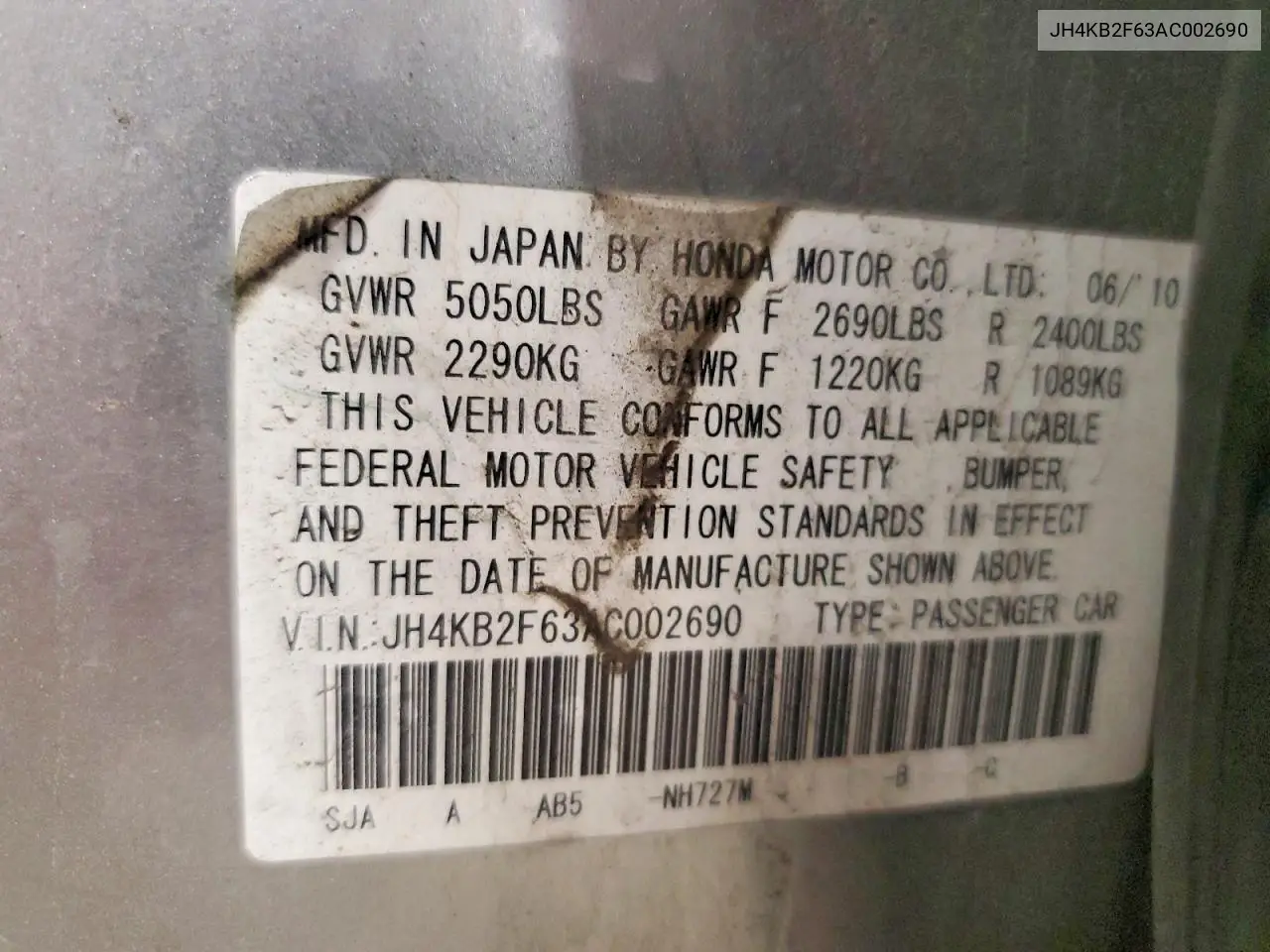 2010 Acura Rl VIN: JH4KB2F63AC002690 Lot: 55915656
