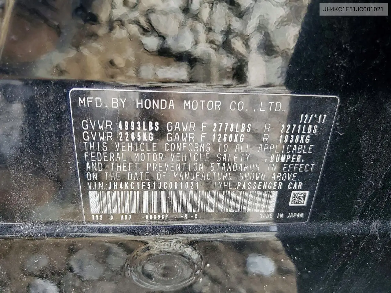 2018 Acura Rlx Tech VIN: JH4KC1F51JC001021 Lot: 53048236