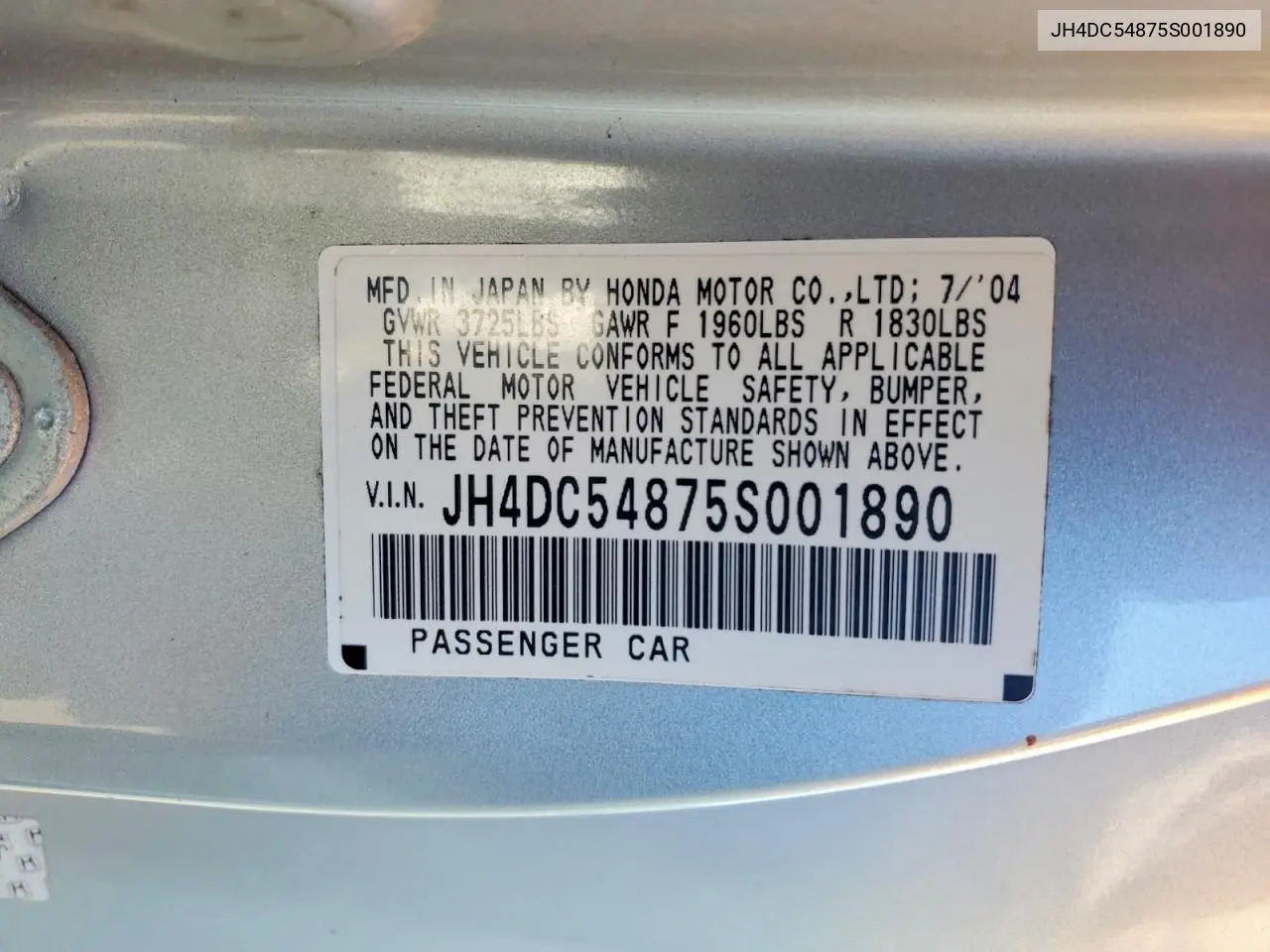 2005 Acura Rsx VIN: JH4DC54875S001890 Lot: 56963086