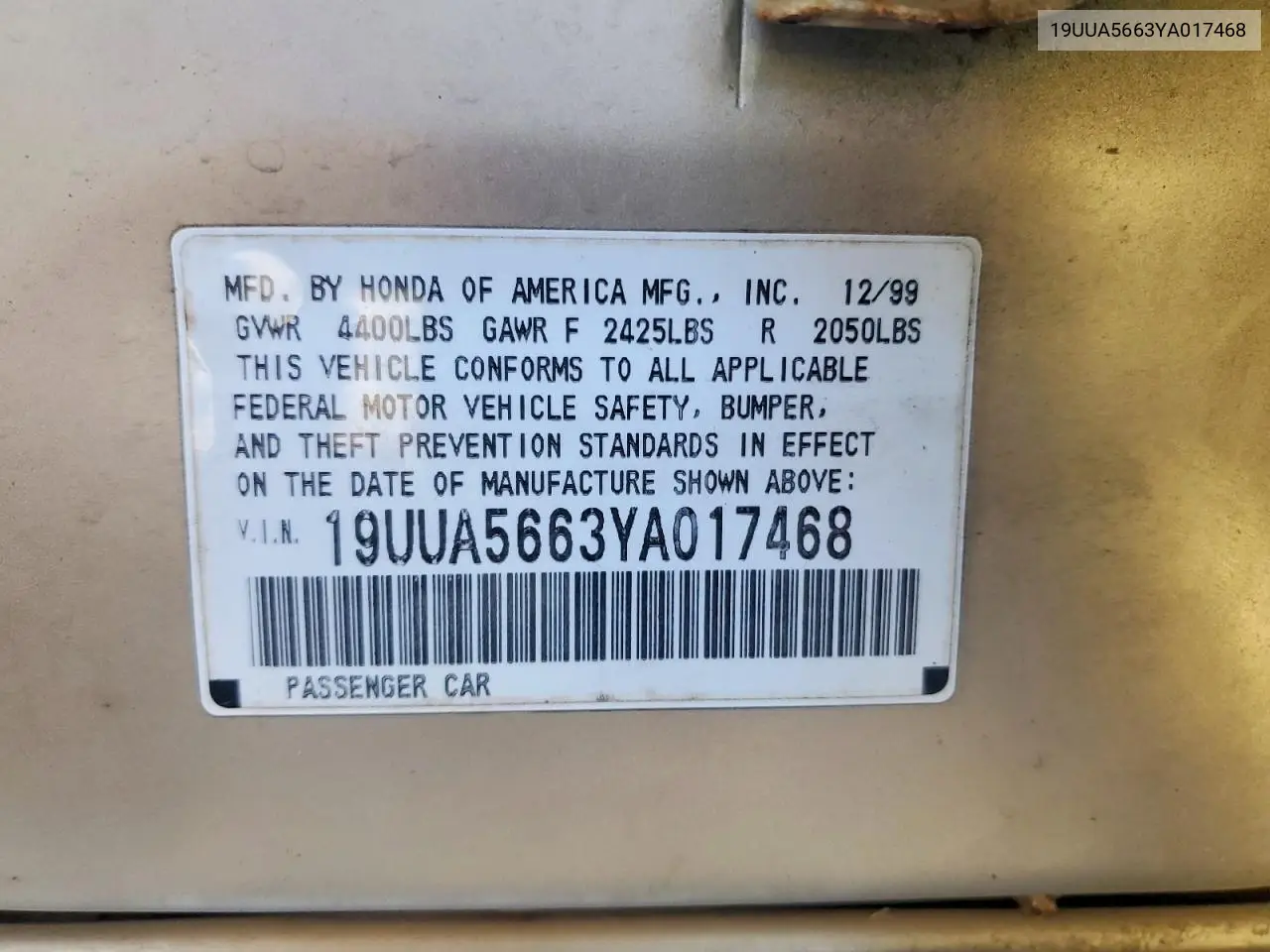 2000 Acura 3.2Tl VIN: 19UUA5663YA017468 Lot: 60433046