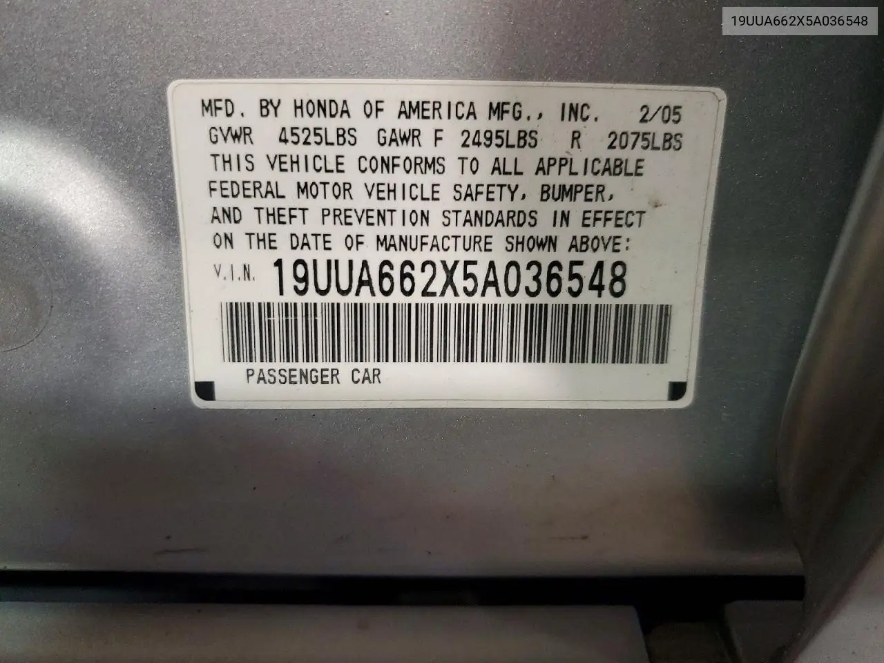 2005 Acura Tl Base VIN: 19UUA662X5A036548 Lot: 59361106