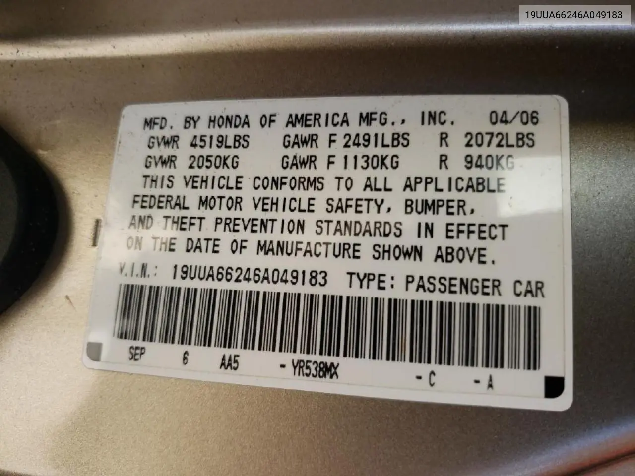 2006 Acura 3.2Tl VIN: 19UUA66246A049183 Lot: 54722762