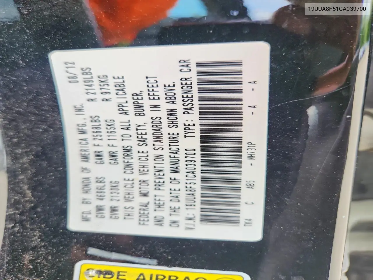 2012 Acura Tl VIN: 19UUA8F51CA039700 Lot: 60326996