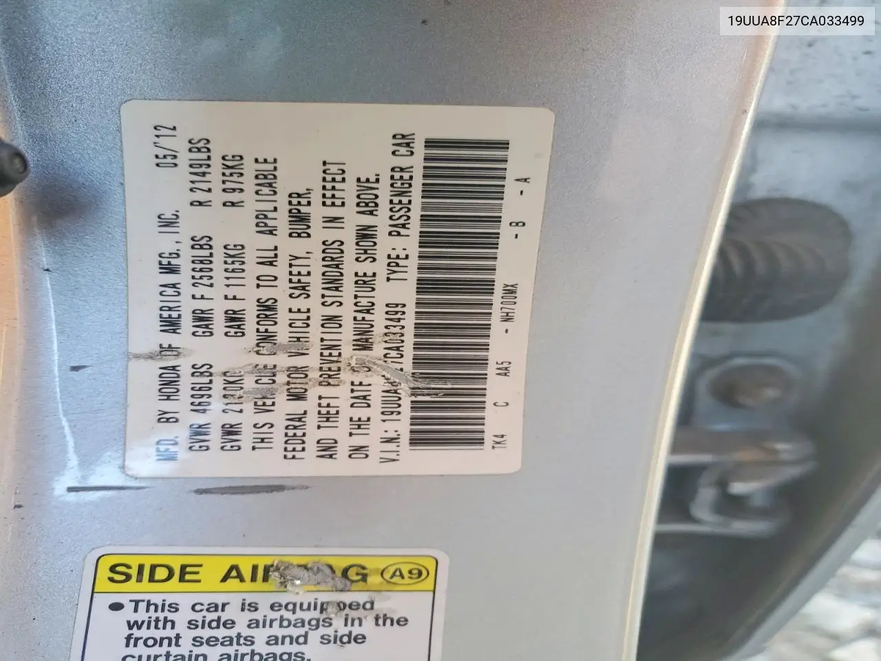 2012 Acura Tl VIN: 19UUA8F27CA033499 Lot: 61059316