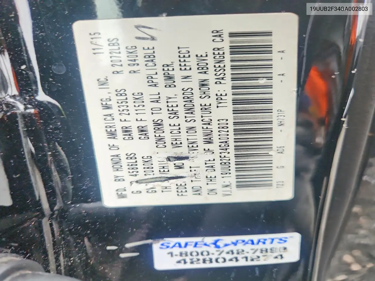 2016 Acura Tlx VIN: 19UUB2F34GA002803 Lot: 59652496