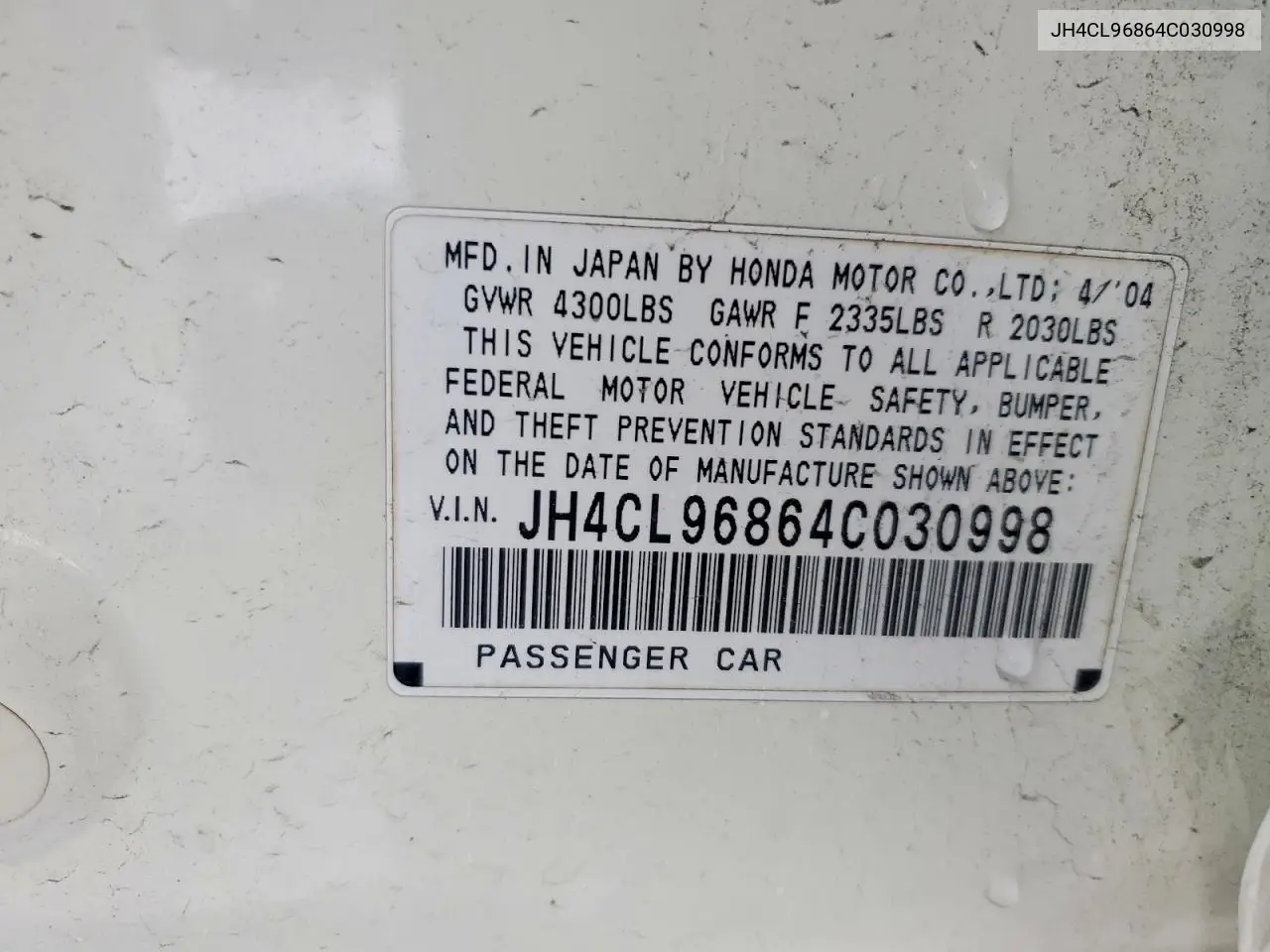 2004 Acura Tsx VIN: JH4CL96864C030998 Lot: 59330766