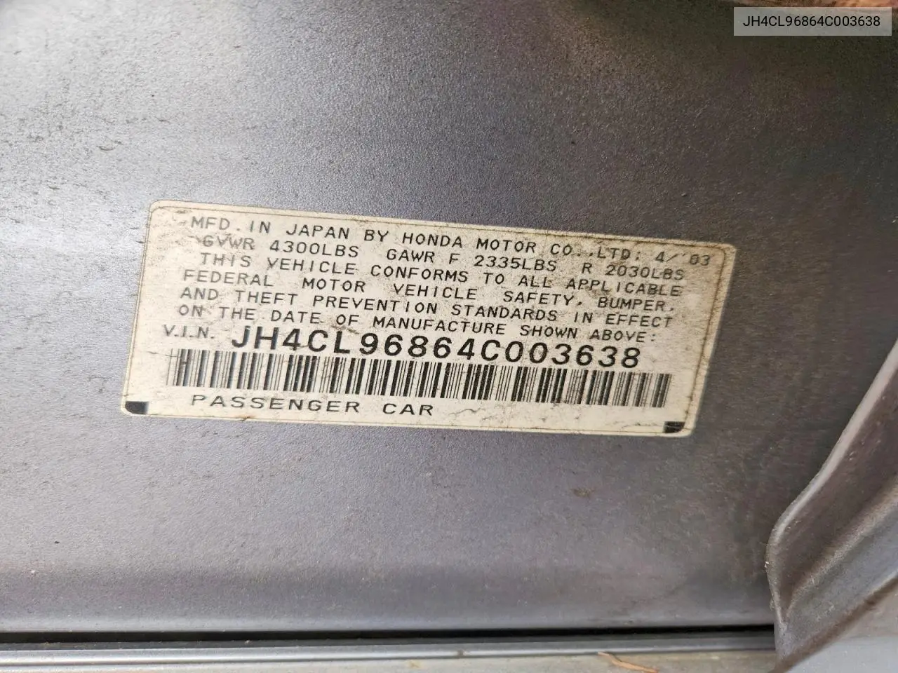 2004 Acura Tsx VIN: JH4CL96864C003638 Lot: 60775566