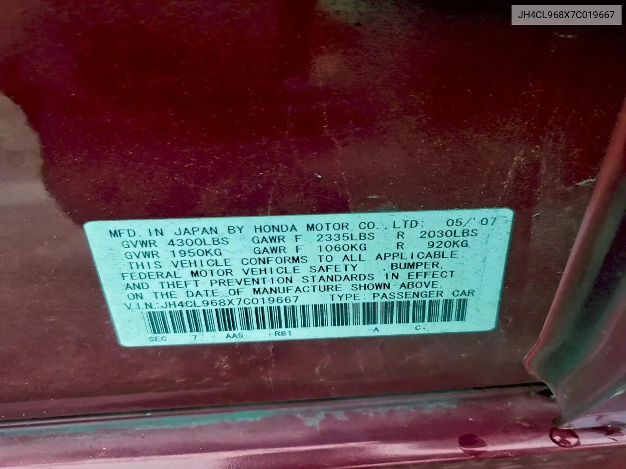 JH4CL968X7C019667 2007 Acura Tsx