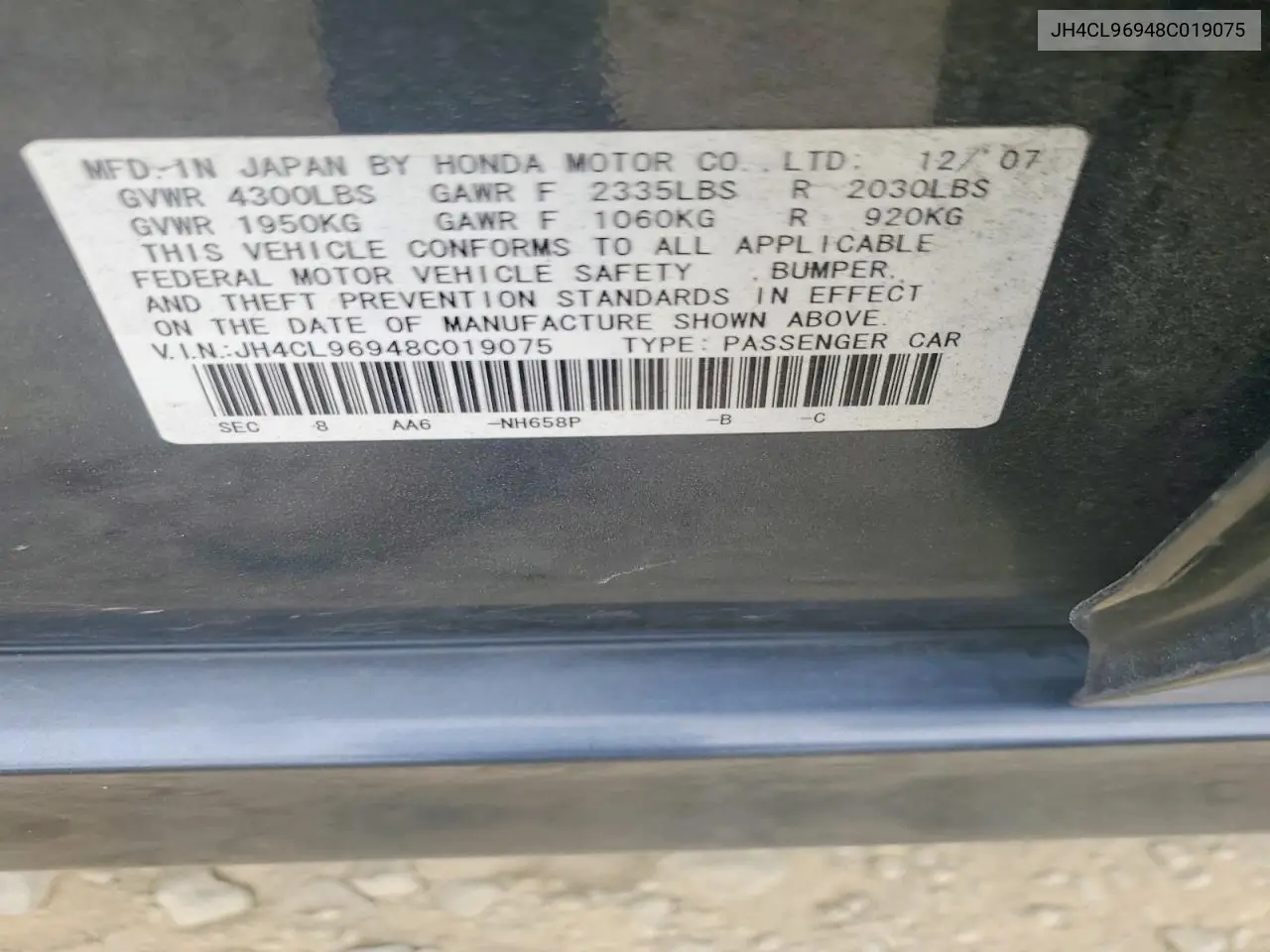 2008 Acura Tsx VIN: JH4CL96948C019075 Lot: 59727966