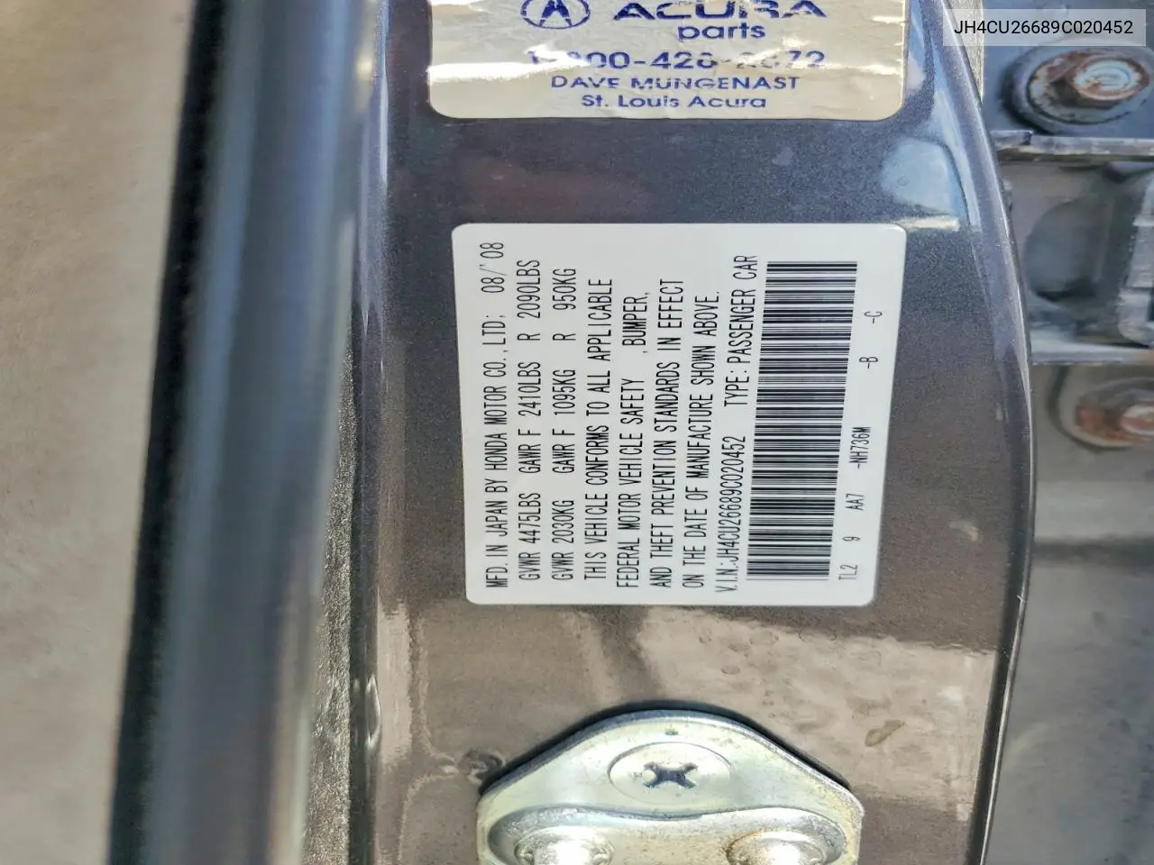 2009 Acura Tsx VIN: JH4CU26689C020452 Lot: 60374936