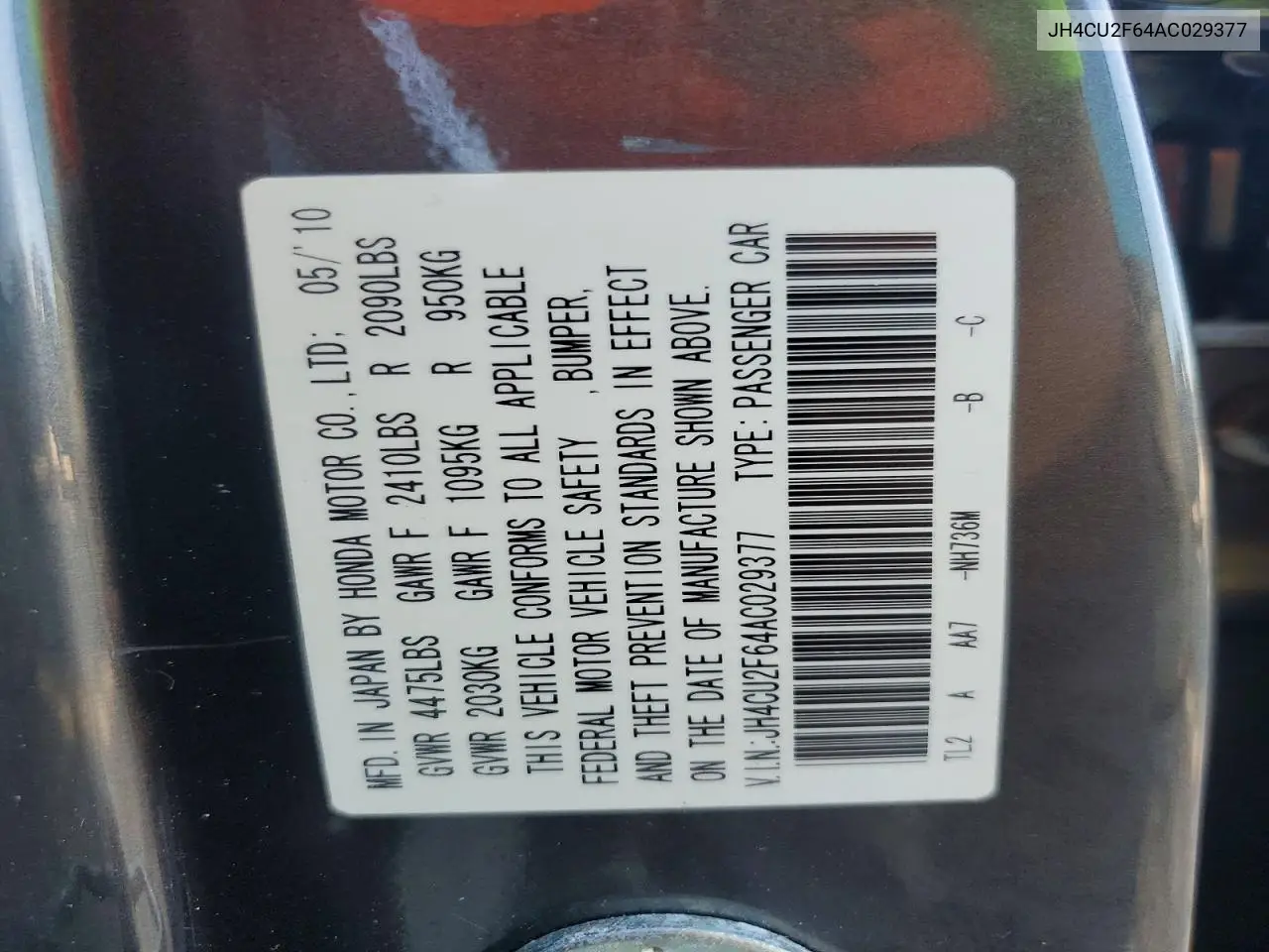 2010 Acura Tsx VIN: JH4CU2F64AC029377 Lot: 60832376