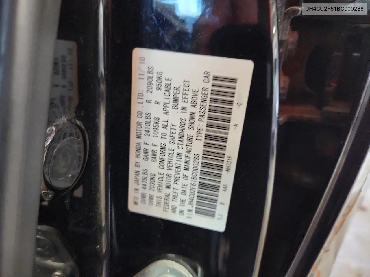 2011 Acura Tsx VIN: JH4CU2F61BC000288 Lot: 61308126