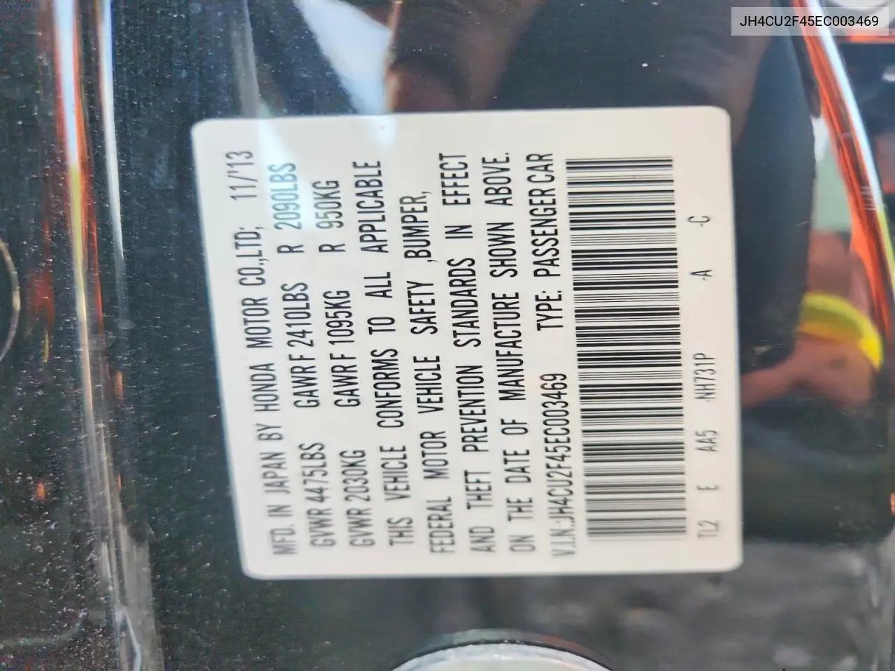 2014 Acura Tsx VIN: JH4CU2F45EC003469 Lot: 58480186