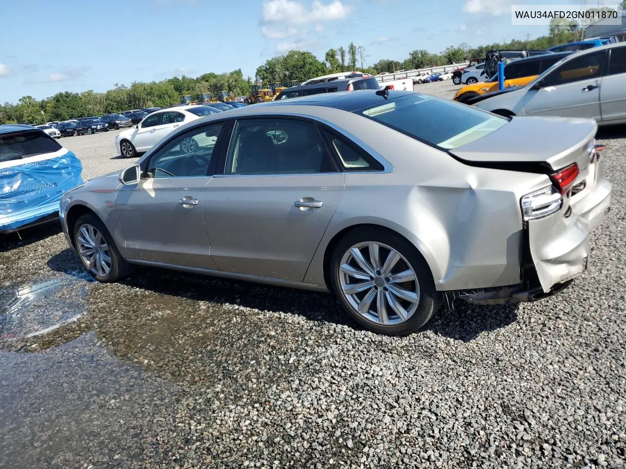 2016 Audi A8 L Quattro VIN: WAU34AFD2GN011870 Lot: 54454896