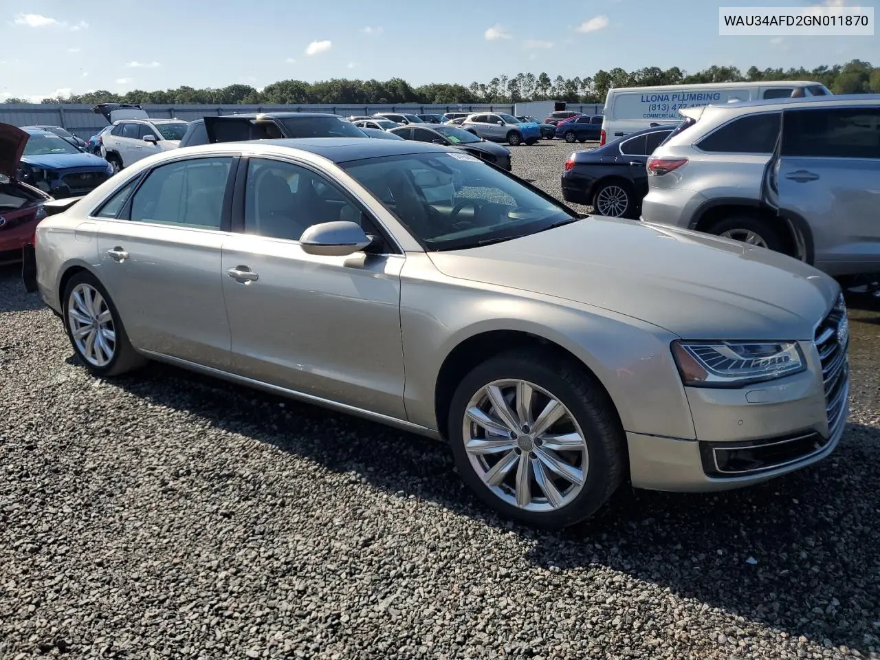 2016 Audi A8 L Quattro VIN: WAU34AFD2GN011870 Lot: 54454896