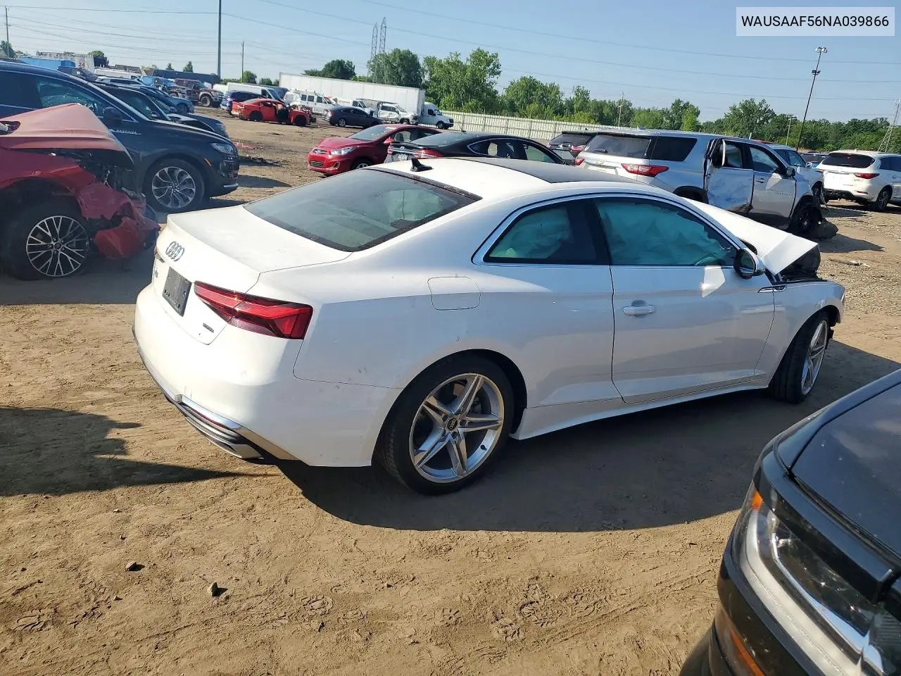 2022 Audi A5 Premium 45 VIN: WAUSAAF56NA039866 Lot: 56028296