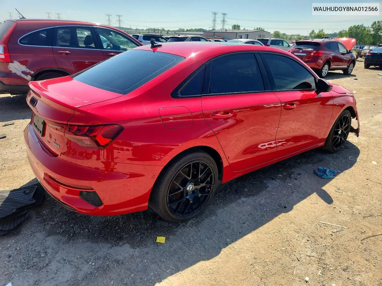 2022 Audi A3 Premium Plus VIN: WAUHUDGY8NA012566 Lot: 85612105