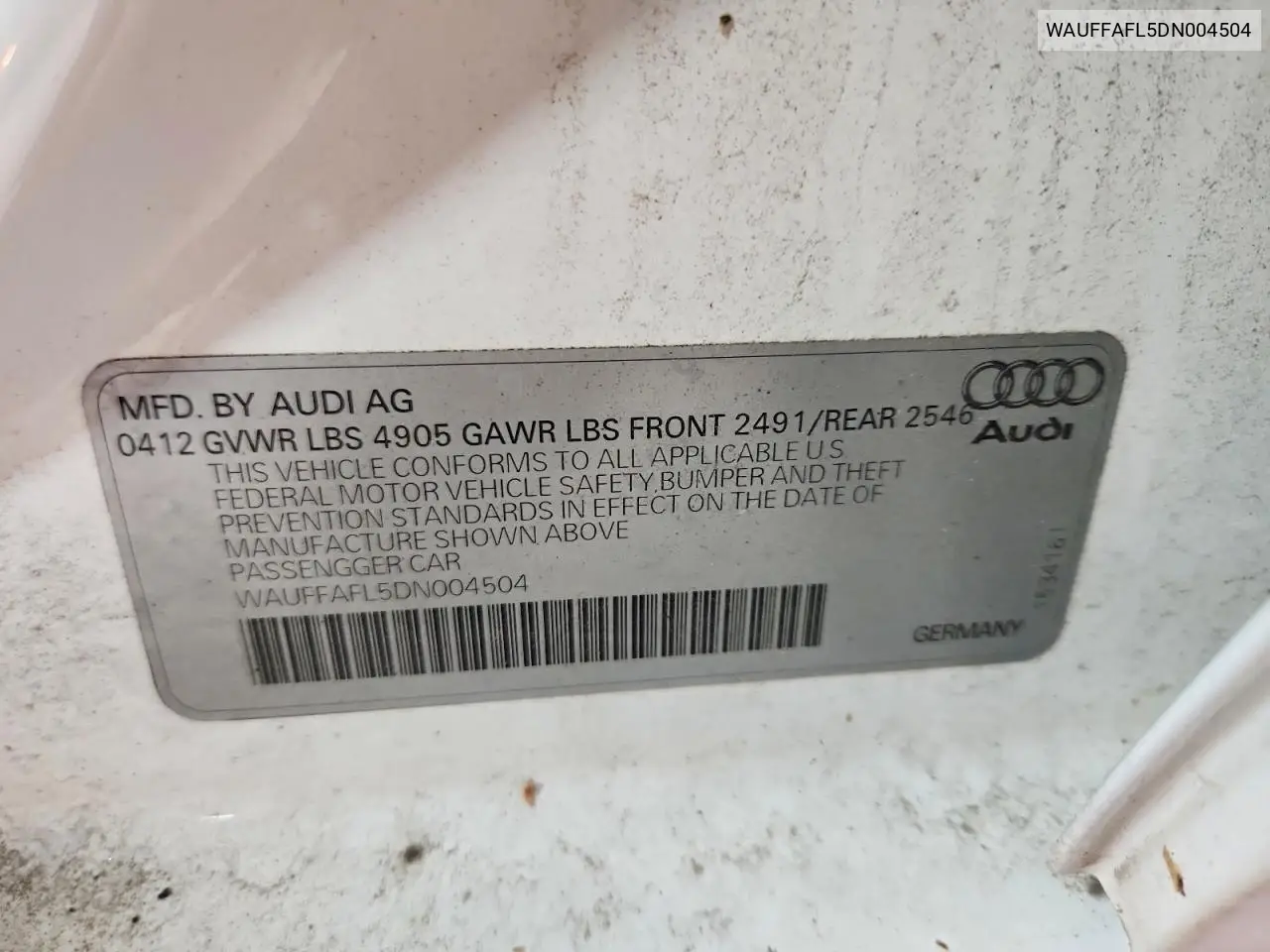 2013 Audi A4 Premium Plus VIN: WAUFFAFL5DN004504 Lot: 60421206