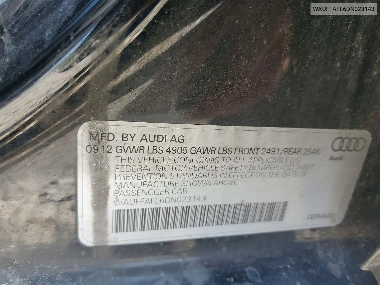 2013 Audi A4 Premium Plus VIN: WAUFFAFL6DN023143 Lot: 61524136