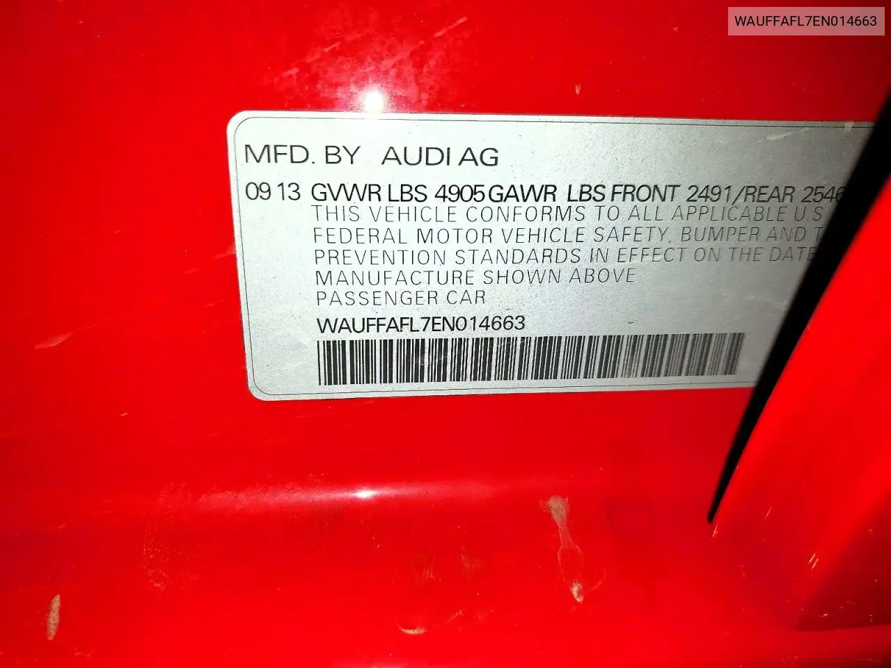 2014 Audi A4 Premium Plus VIN: WAUFFAFL7EN014663 Lot: 58079386