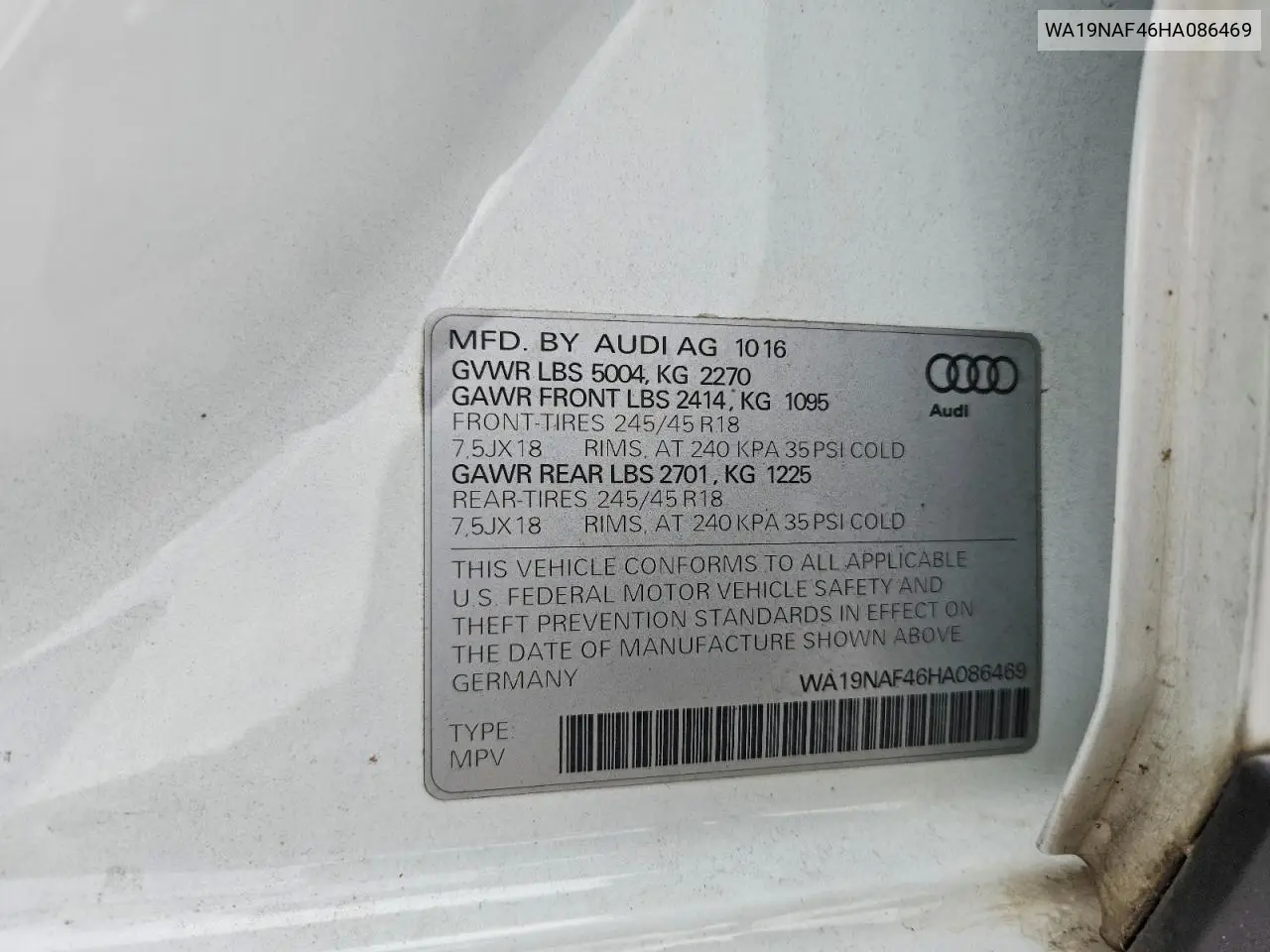 2017 Audi A4 Allroad Prestige VIN: WA19NAF46HA086469 Lot: 85975545