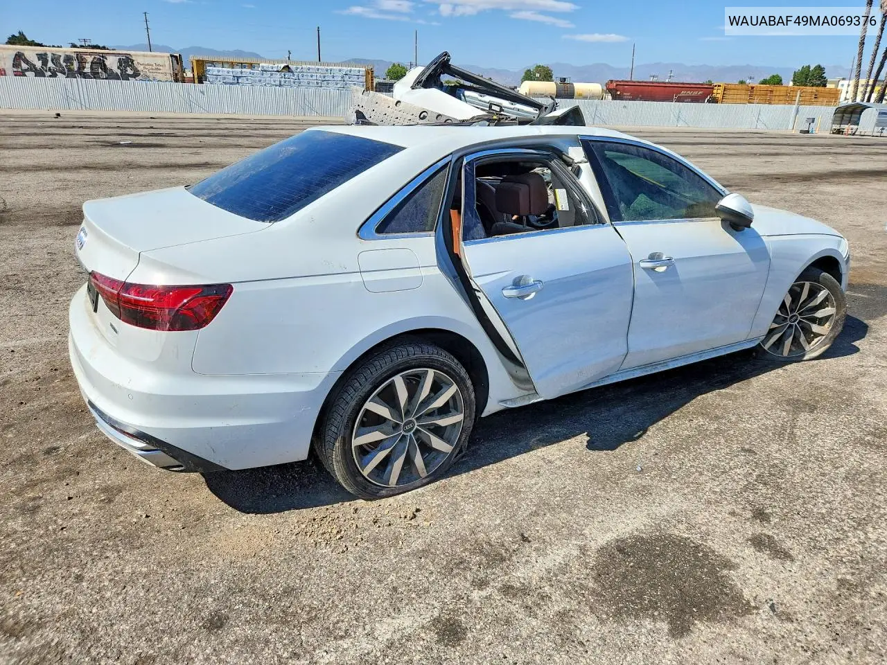 2021 Audi A4 Premium 40 VIN: WAUABAF49MA069376 Lot: 61407096