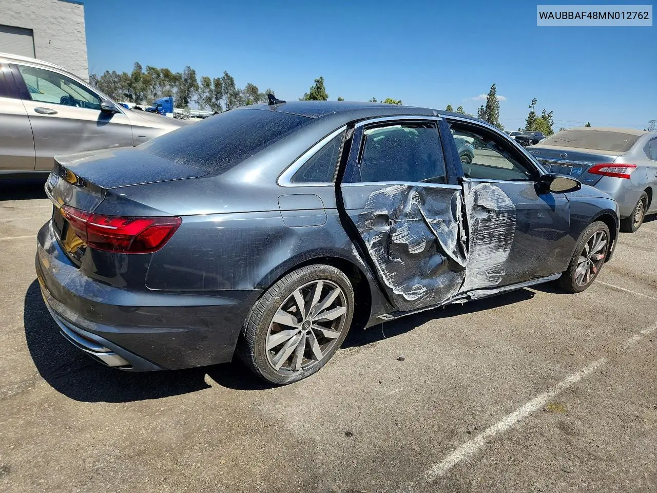 2021 Audi A4 Premium Plus 40 VIN: WAUBBAF48MN012762 Lot: 61414846