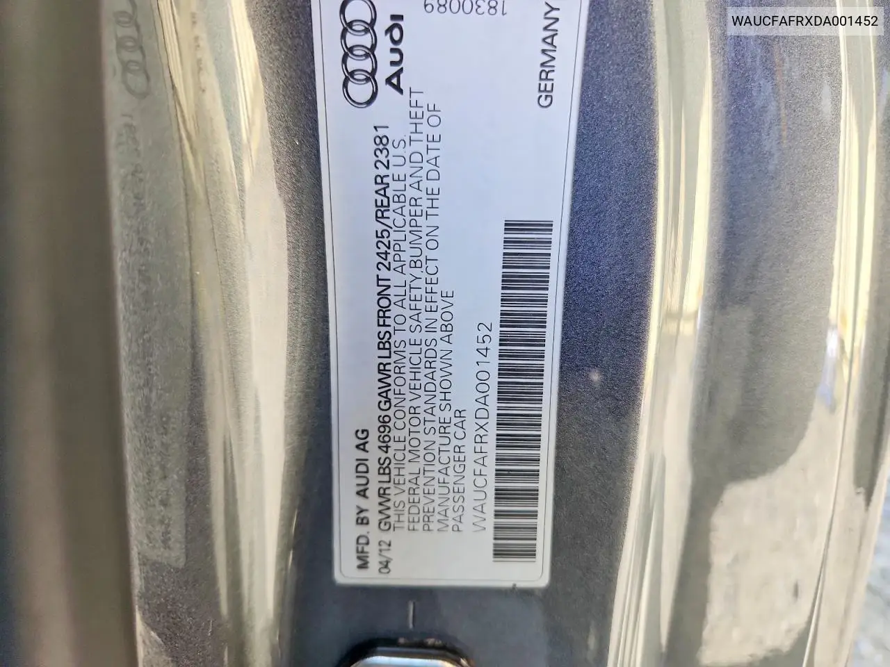 2013 Audi A5 Premium VIN: WAUCFAFRXDA001452 Lot: 58542476