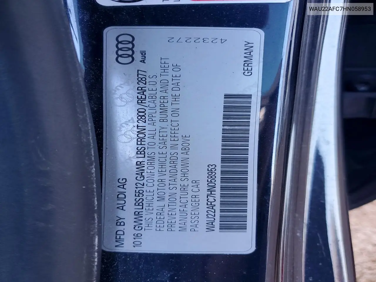 2017 Audi A7 Prestige VIN: WAU22AFC7HN058953 Lot: 79227045