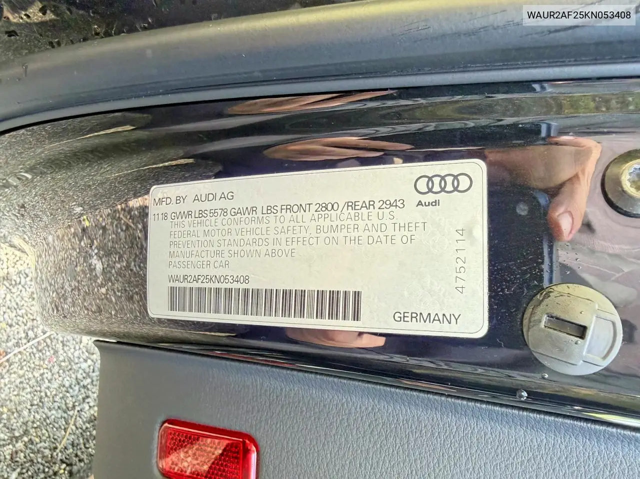 2019 Audi A7 Premium Plus VIN: WAUR2AF25KN053408 Lot: 53651056