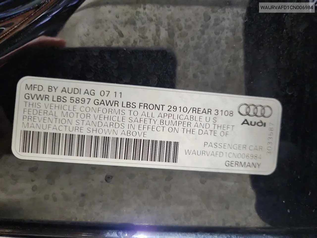 2012 Audi A8 L Quattro VIN: WAURVAFD1CN006984 Lot: 55751546