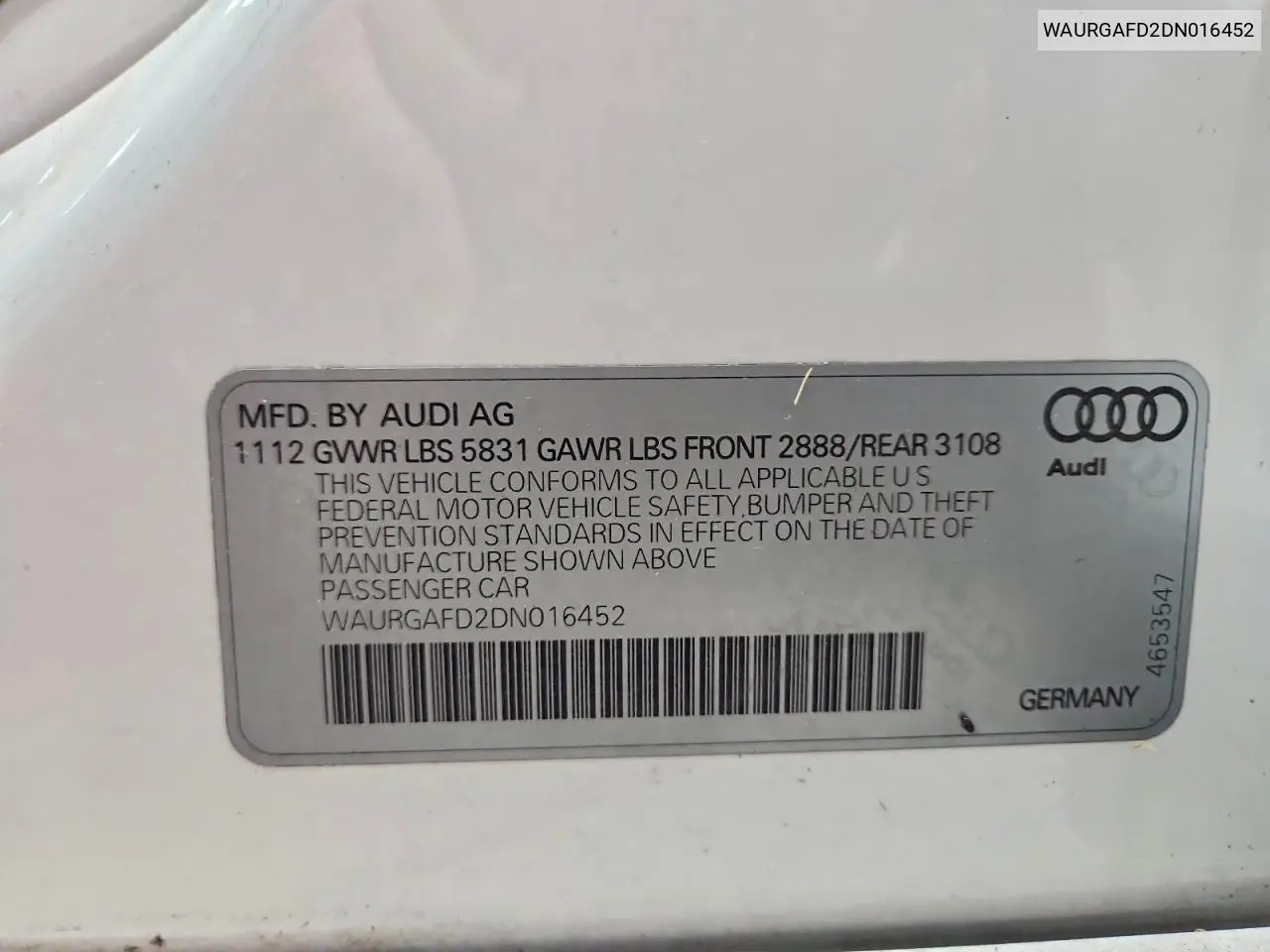 2013 Audi A8 L Quattro VIN: WAURGAFD2DN016452 Lot: 58972346