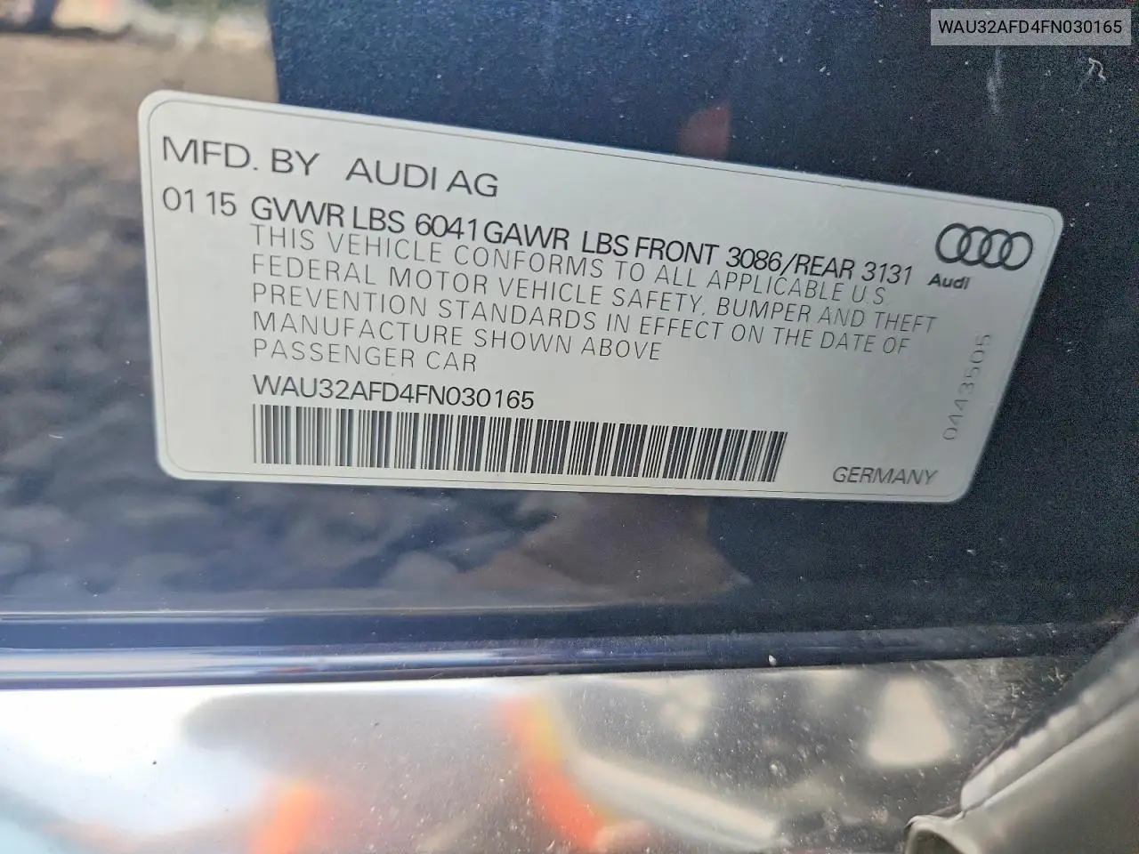 2015 Audi A8 L Quattro VIN: WAU32AFD4FN030165 Lot: 61866476