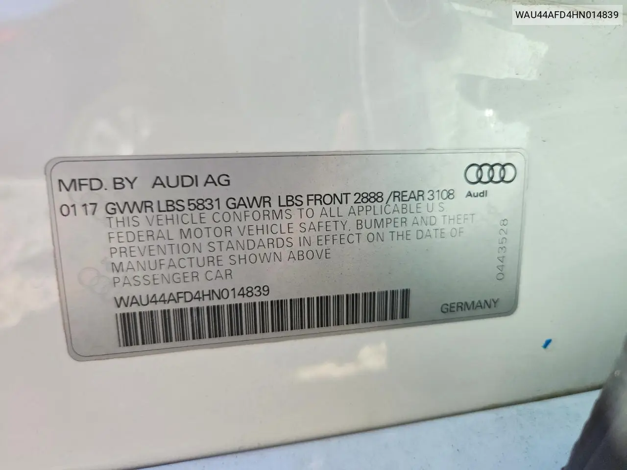 2017 Audi A8 L Quattro VIN: WAU44AFD4HN014839 Lot: 61589296