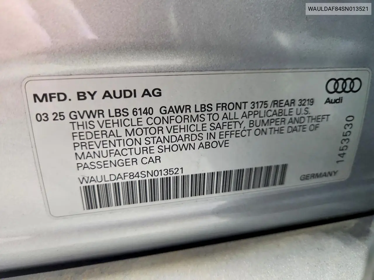 2025 Audi A8 L VIN: WAULDAF84SN013521 Lot: 55078886