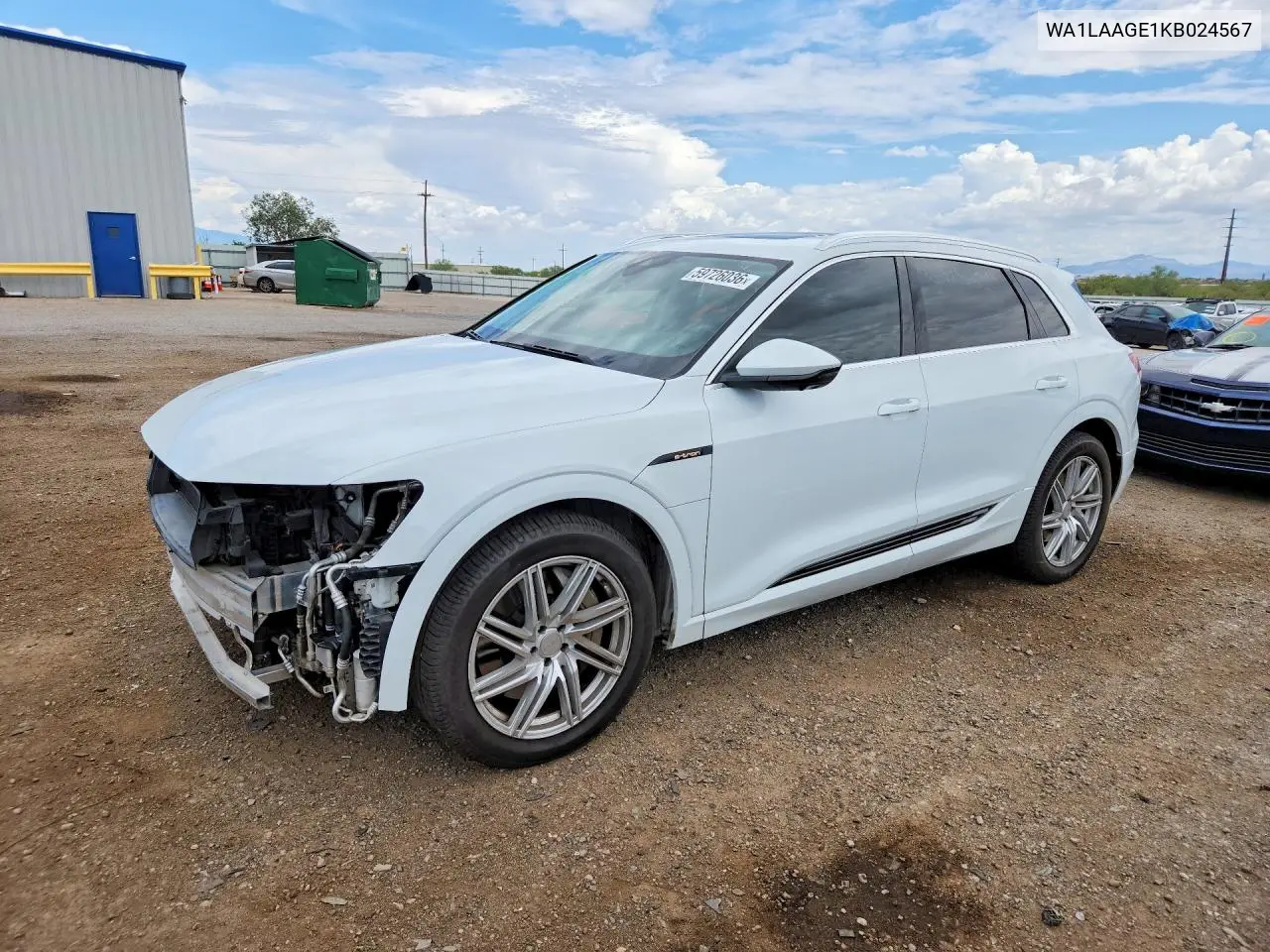 2019 Audi E-Tron Premium Plus VIN: WA1LAAGE1KB024567 Lot: 59726036