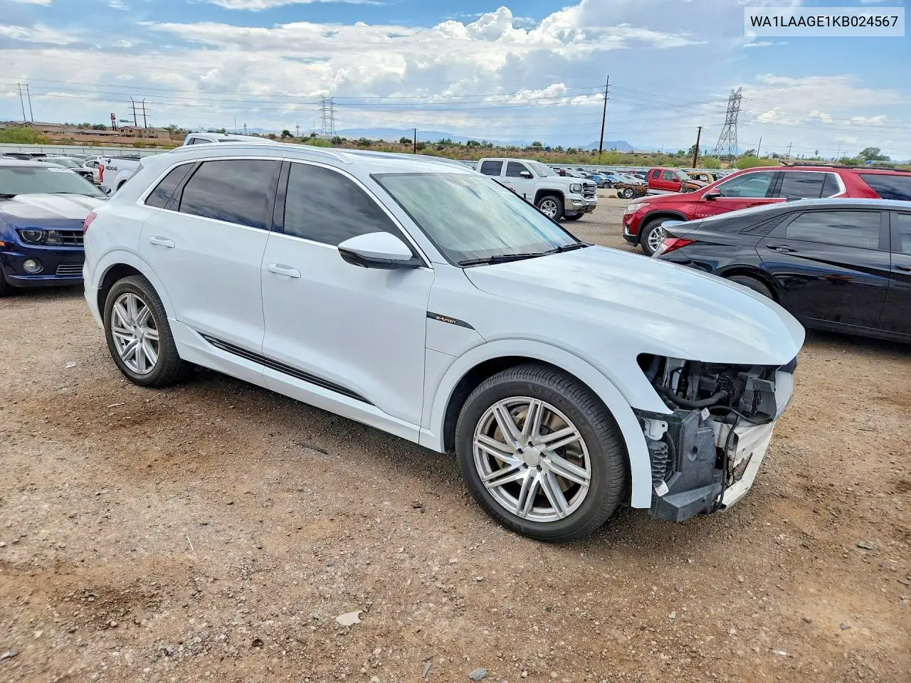 2019 Audi E-Tron Premium Plus VIN: WA1LAAGE1KB024567 Lot: 59726036